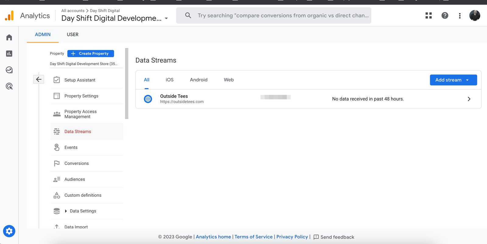 Google Analytics four dashboard view of the data streams area